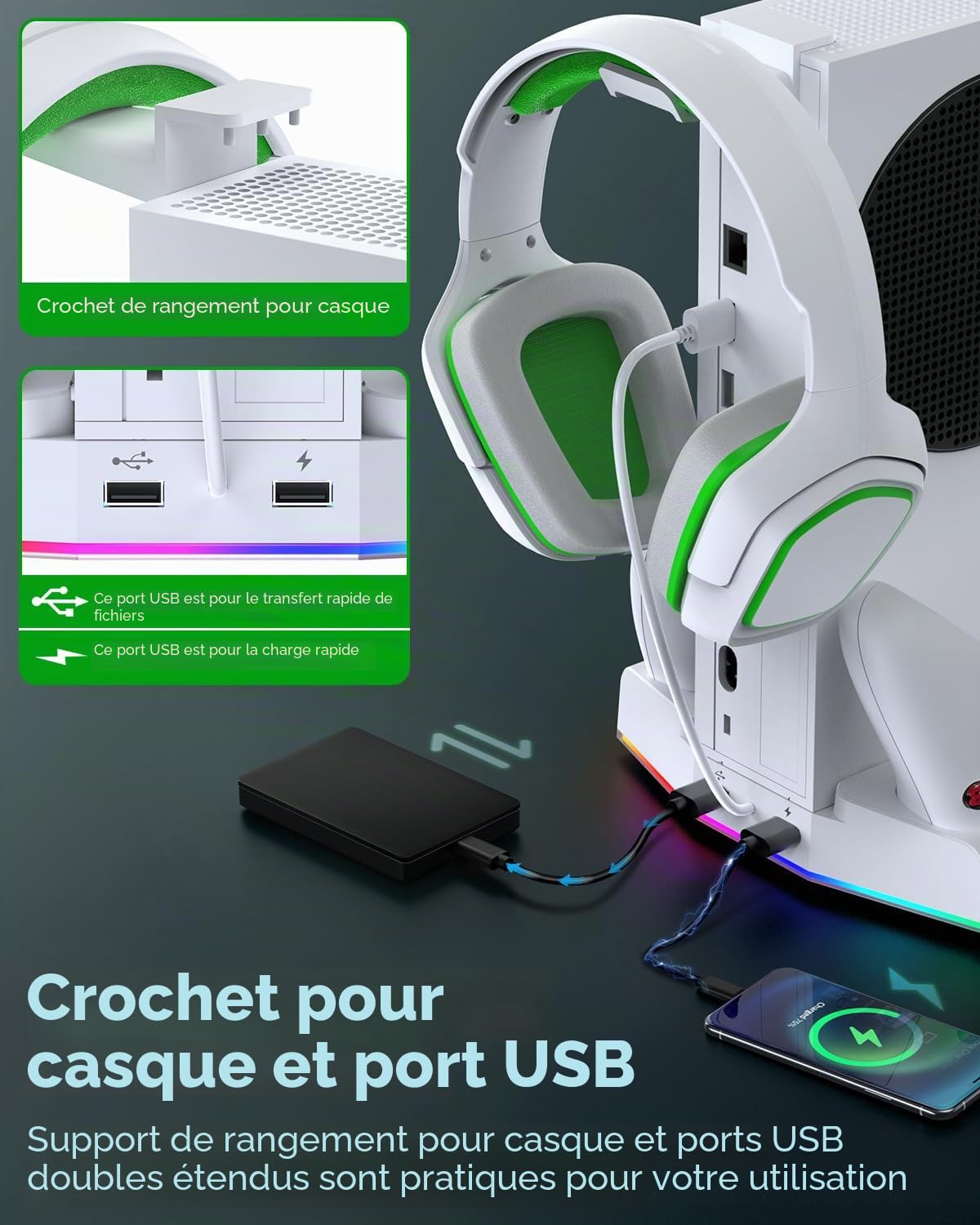 Support de Refroidissement & Charge pour Xbox Series S avec Lumière RGB, MENEEA Ventilateur de Refroidisseur & Chargeur Accessoires avec 2*1400mAh Batteries Rechargeables, Crochet pour Casque D'écoute