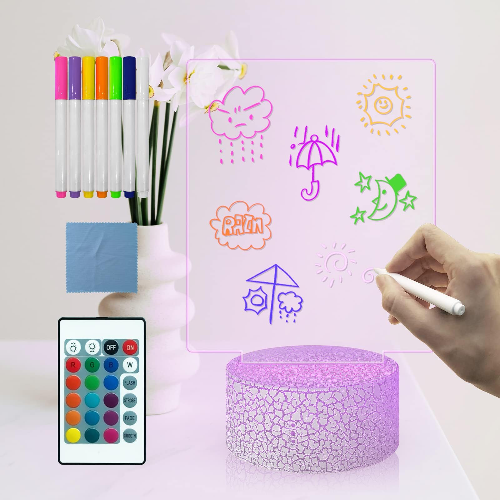 Acrylic LED Writing Message Board Light with 7 Colors Pen/Base,Dry Erase Board Night Light,Clear Desktop Note Memo Lamp Children Lamp,Table White Board for Kid School Bar Cafe Home Office
