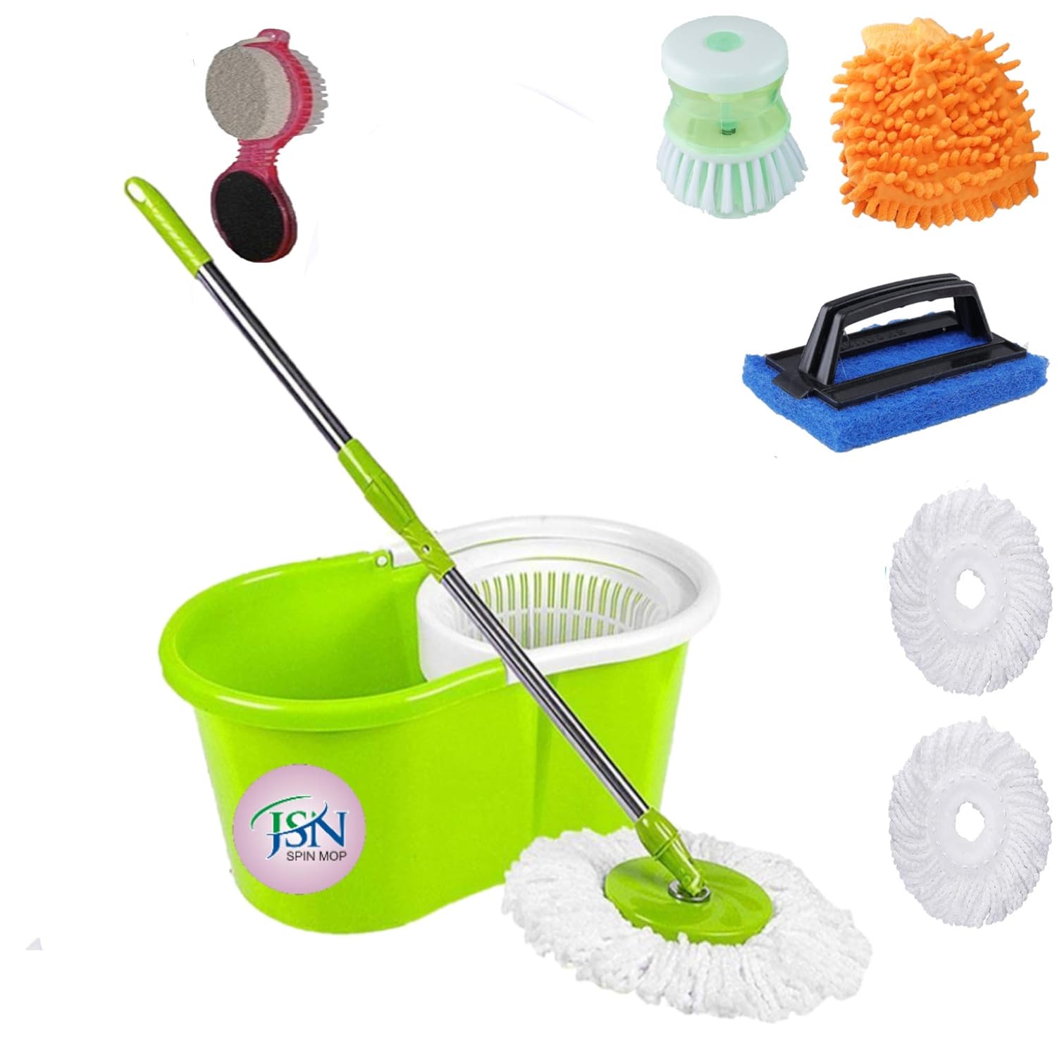 JSN Spin 360° PVC Home Cleaning Bucket Mop with 3 Refills,Tile Brush