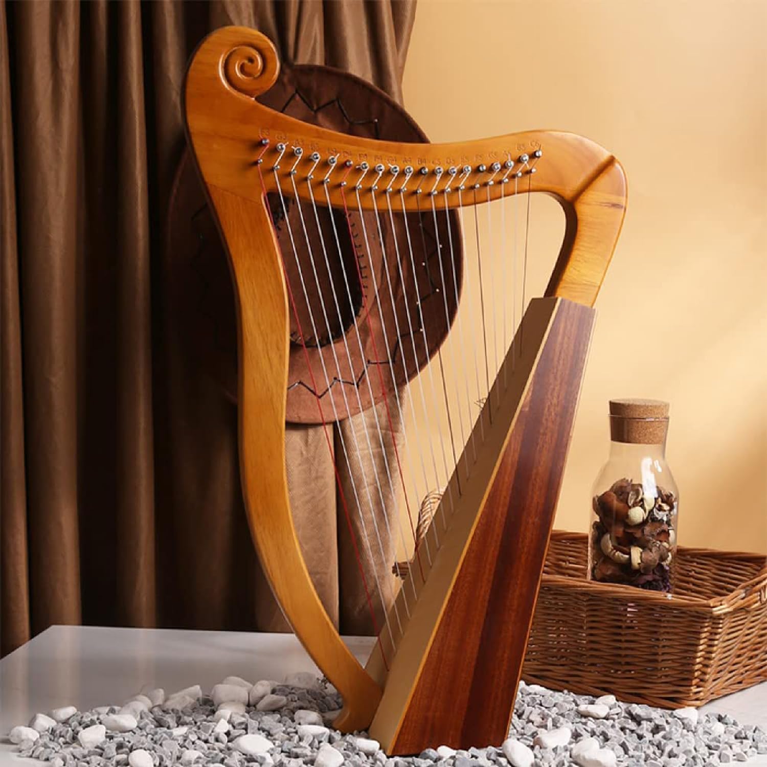 Arpa a 19 Corde, Arpa a Leva in Mogano Massiccio, Design a 3 Fori di Risonanza, Arpa Celtica Irlandese, con Chiave di Accordatura E Custodia, per Principianti, Adulti E Amanti della Musica