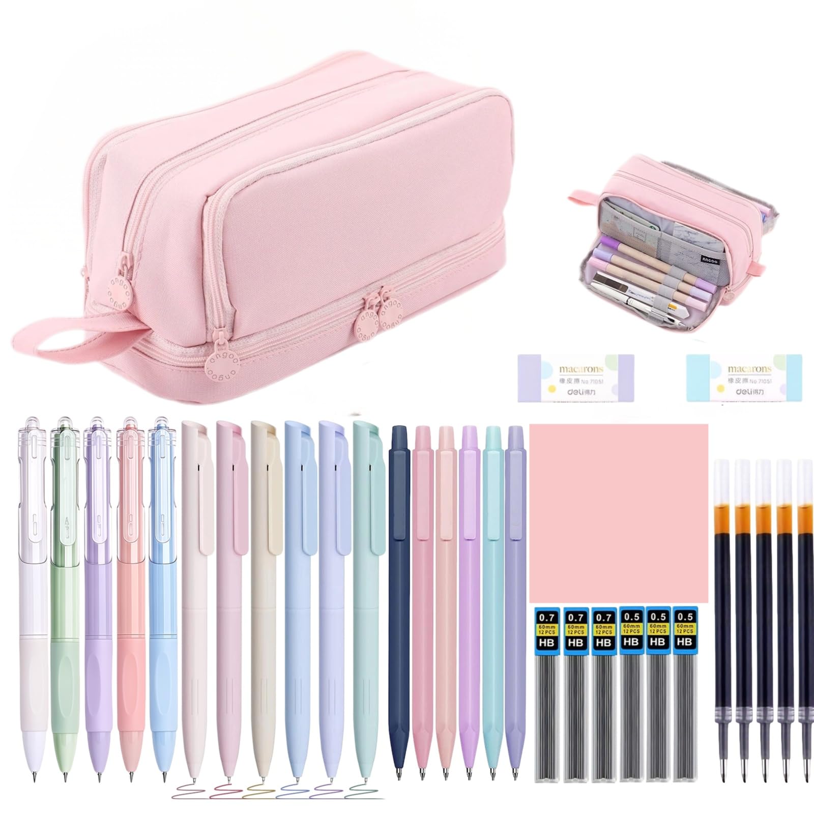 32Pcs Aesthetic School Stationery Set, Pencil Case With Stationary Included 6 Colour Pens, 5 Black Gel Pens, 6 Mechanical Pencils, 2 Erasers, Sticky Notes, Back To School Supplies Girls (Pink)