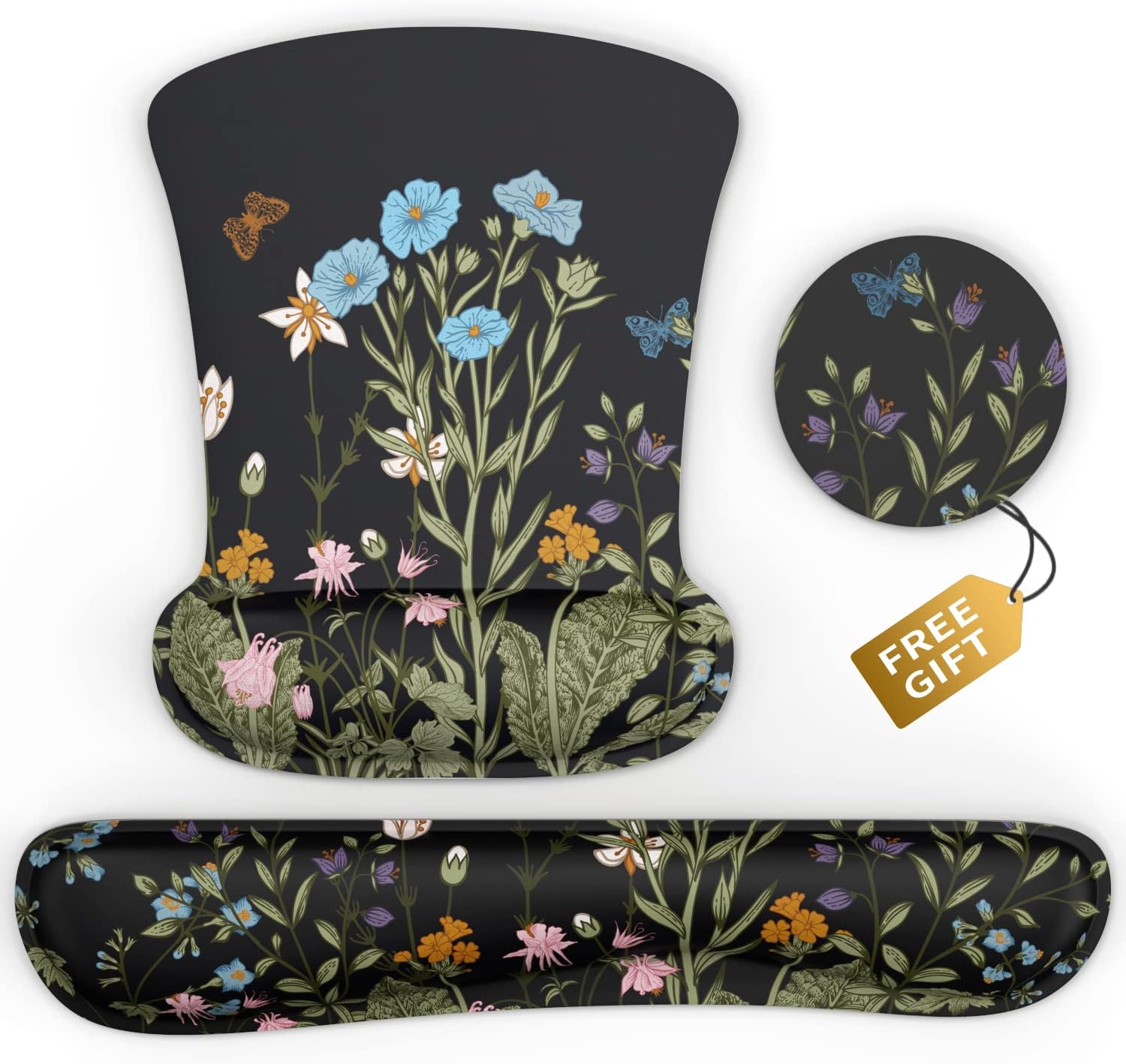 Ergonomic Mouse Pad & Wrist Rest - Memory Foam Set with Black Flower Design for Computer Keyboard (03_Black Garden)
