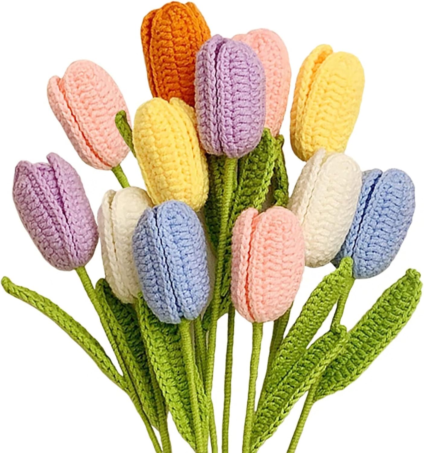 Emivery Crochet Flower Bouquet, 10pcs Handmade Faux Tulip Flowers Knitted Artificial Flowers Bouquet Floral Arrangements for Home Office Wedding Decor