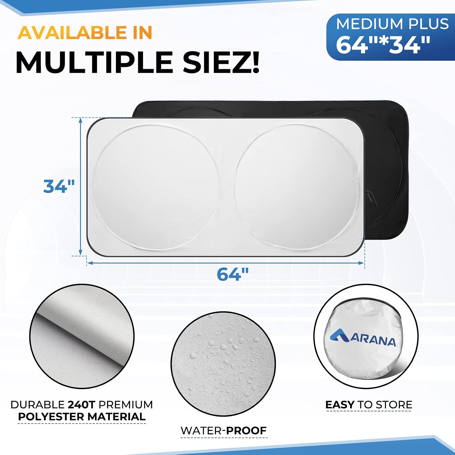 Car Windshield Sun Shade Cover Automotive Windshield Sunshades for Front Window Foldable Retractable Sun Shield Automotive Interior Sun Protection Block 99% UV Rays Sun Heat, Medium Plus 64"×34"