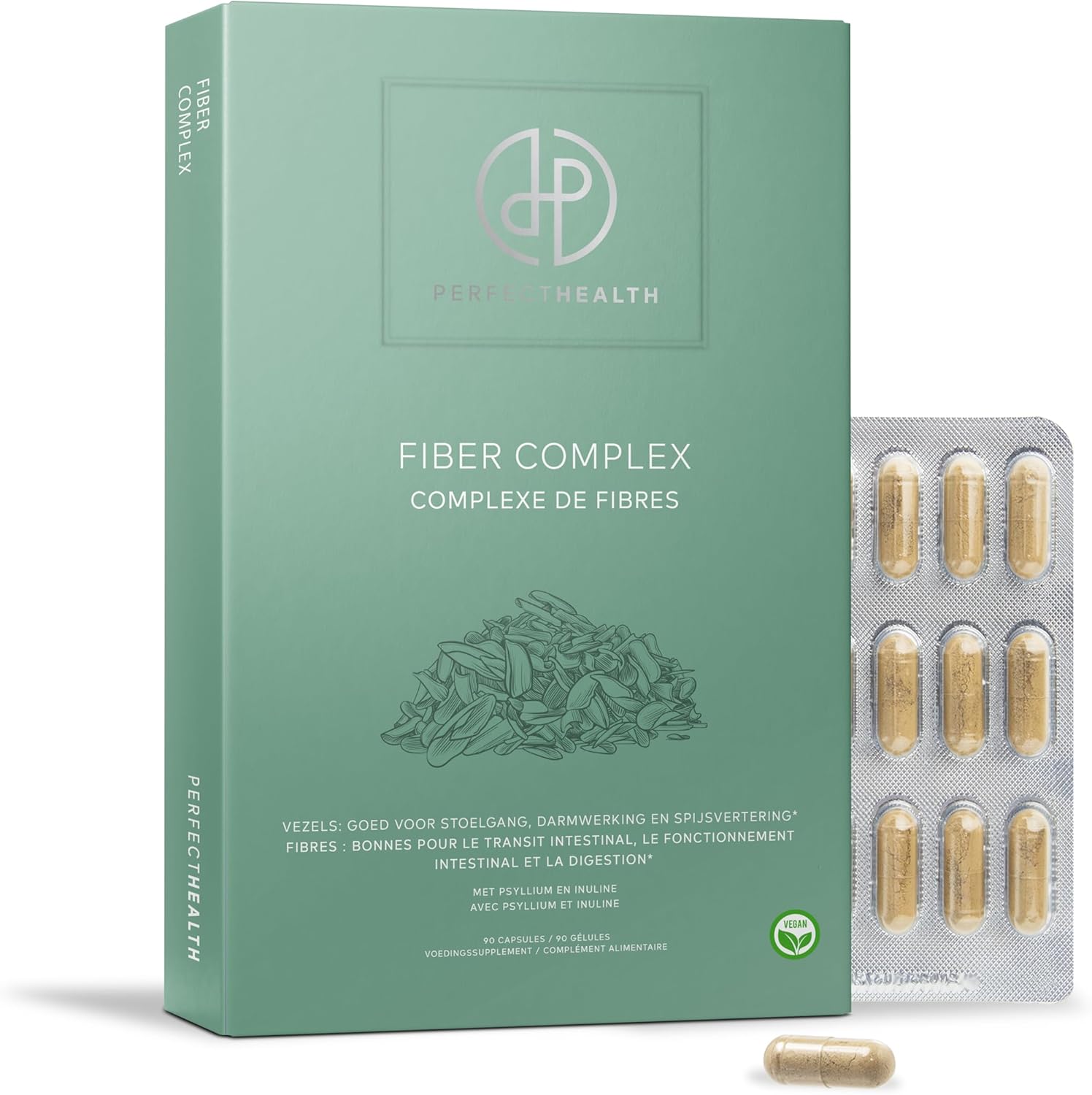 Perfect Health – Vegan Psyllium Husk Fibres – 90 Probiotic Fiber Capsules 1500mg – & Inulin – For Digestion, Intestinal Transit and Gut Health