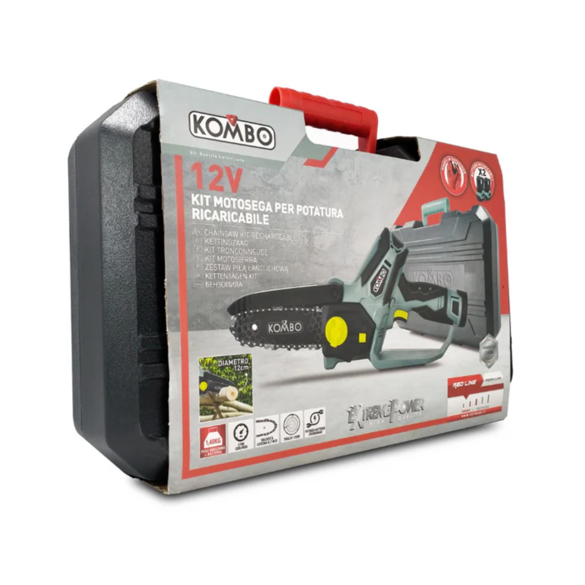 KOMBO Pro – Motosierra a batería de 12 V con 2 baterías recargables, barra de 15,5 cm, cadena de 3/8", corte de hasta 12 cm, tensor de cadena SDS, guantes DPI clase 2 incluidos