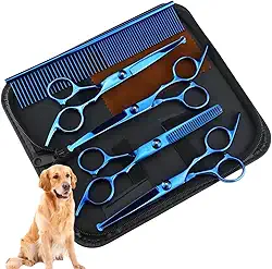 Kit Tesoura Multifuncional Cabelo/pelos Para Cabeleireiro e Pet Shop Tosa Banho Spitz (Azul)