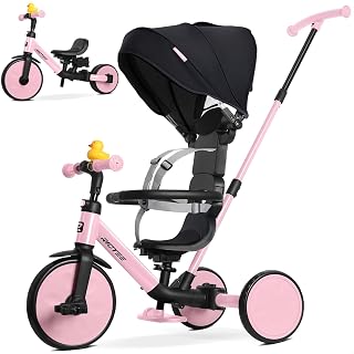 RIDYEE 8-in-1 Toddler Tricycle Ages 1.5-5, Parent Steering Trike | Pink, Tool-Free Mode Switching, 5-Point Harness, Large Canopy, Converts to Multiple Modes