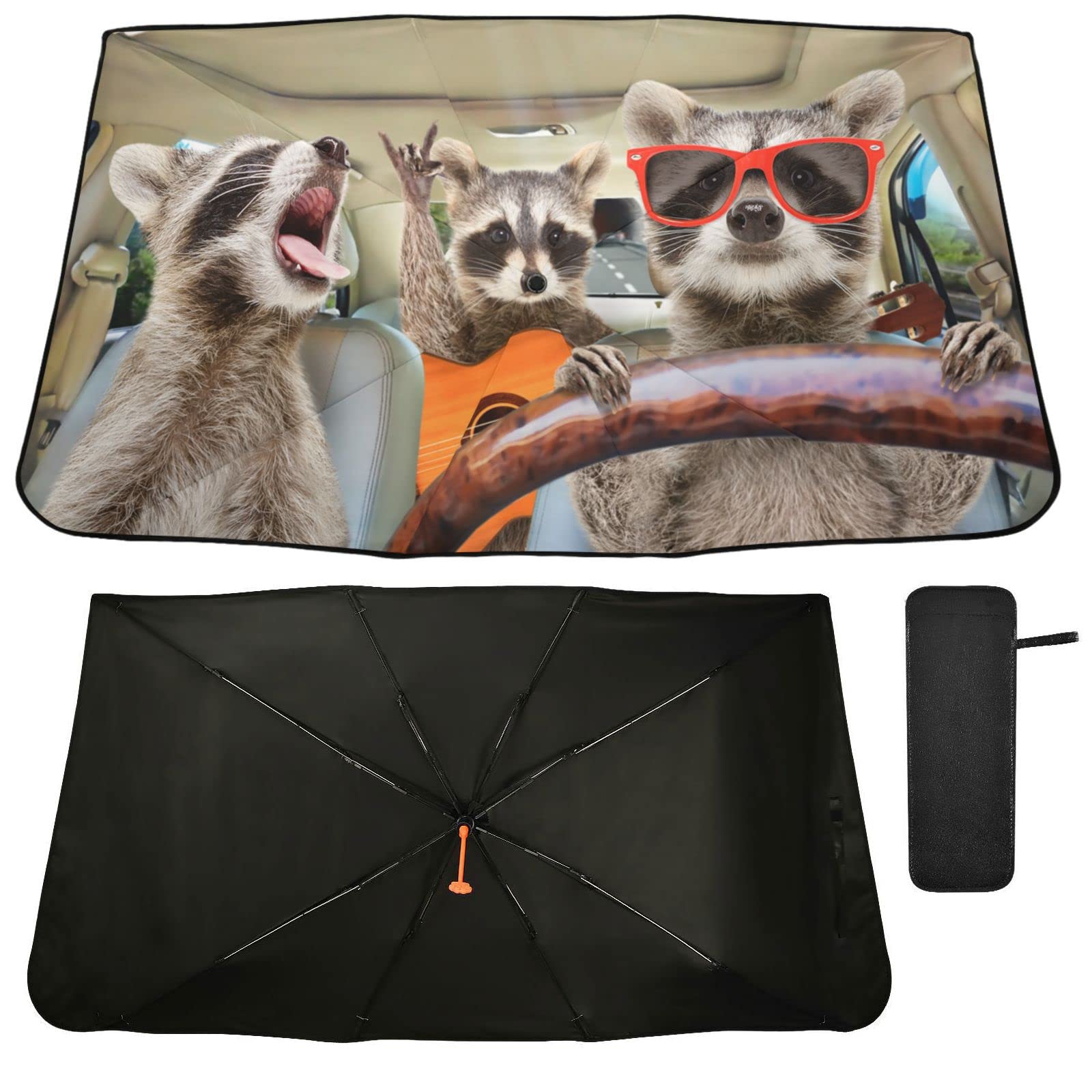 Waschbär Sonnenblende 140x70cm - Auto Sonnenschutz Mit Saugnapf