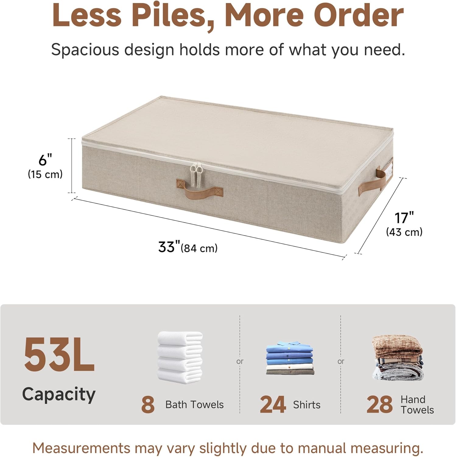 StorageWorks Underbed Storage Containers with Lids, 2-Pack 6" Low Profile Under Bed Organizers for Clothes, Bedding and Sweaters, 53L Large Fabric Storage Bins, Foldable Space Saving, Taupe