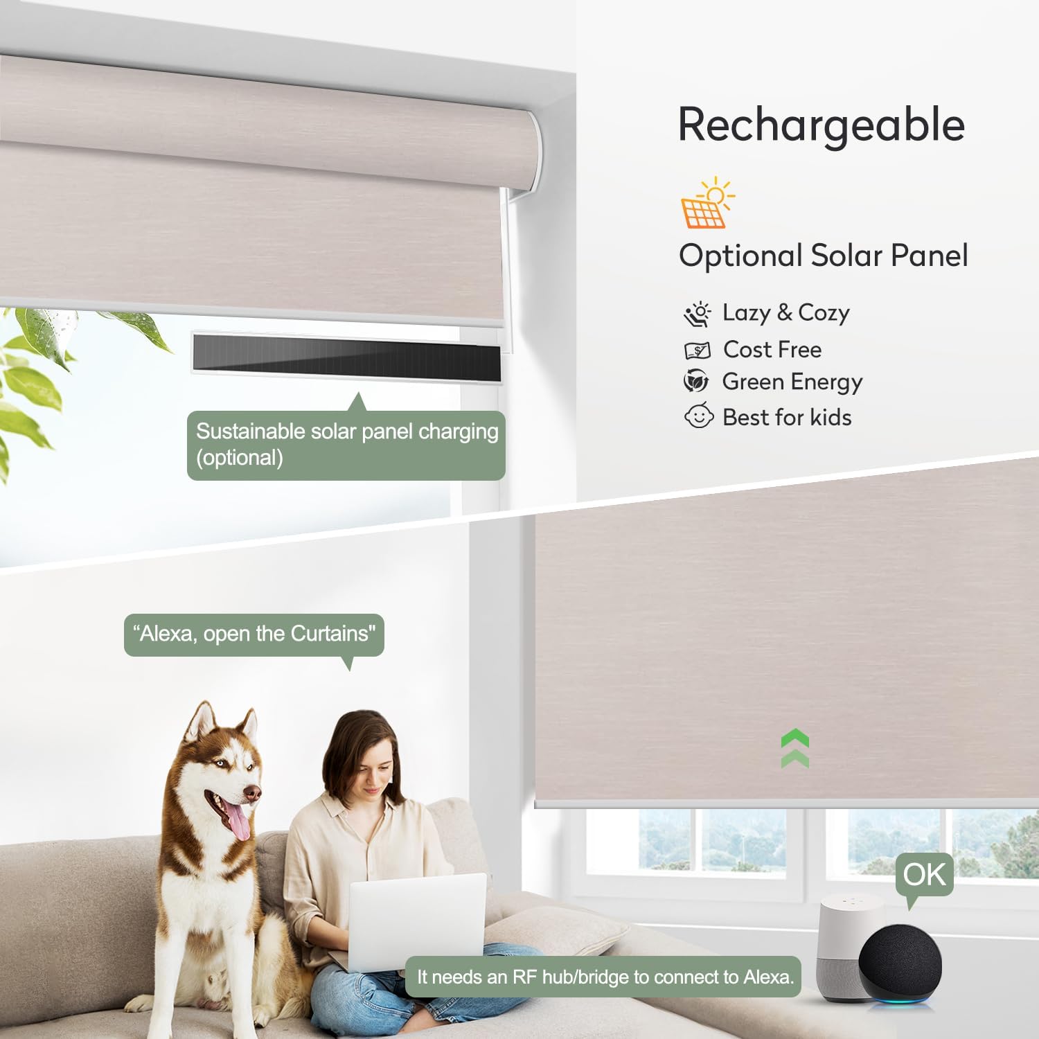 Person using Alexa voice command to control ZSHINE blinds