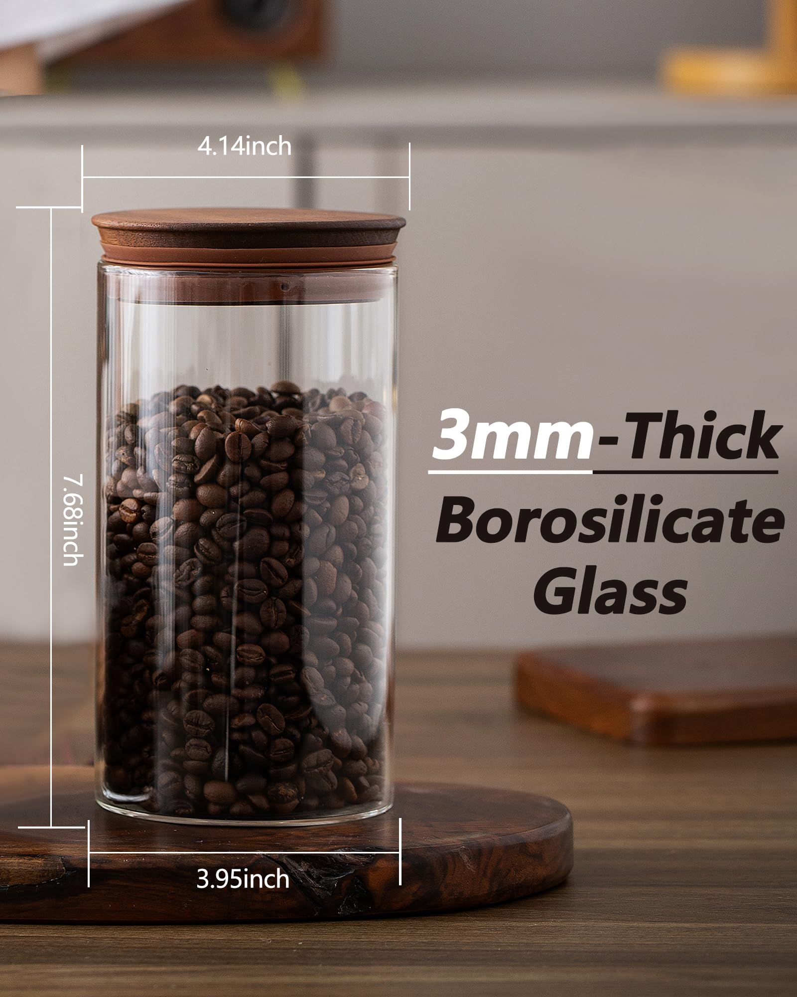 1100 ml Kaffeedose mit Schaufel und Holzdeckel, luftdichter Kaffeesatzbehälter, 2er-Set, Glas-Vorratsdose für Cafébohnen, Aufbewahrungsbar, Bar-Organizer