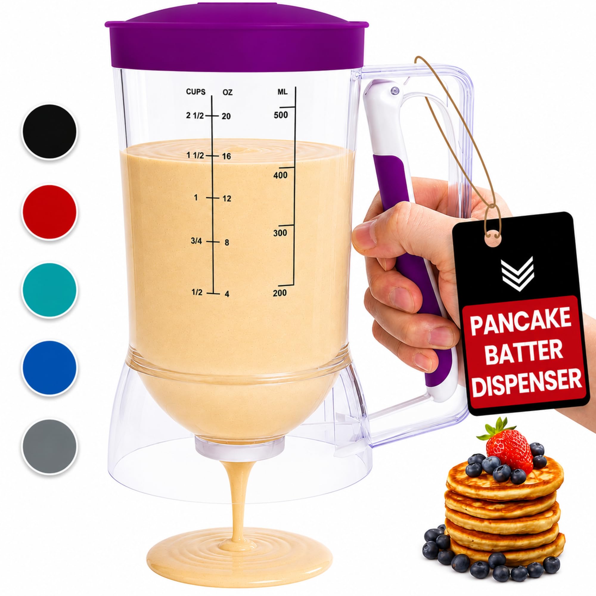 Eggssentials Dispensador de masa sin desorden, mango apretable, cupcakes, gofres y más. Botella dispensadora de panqueques duradera y fácil de verter para hornear suavemente