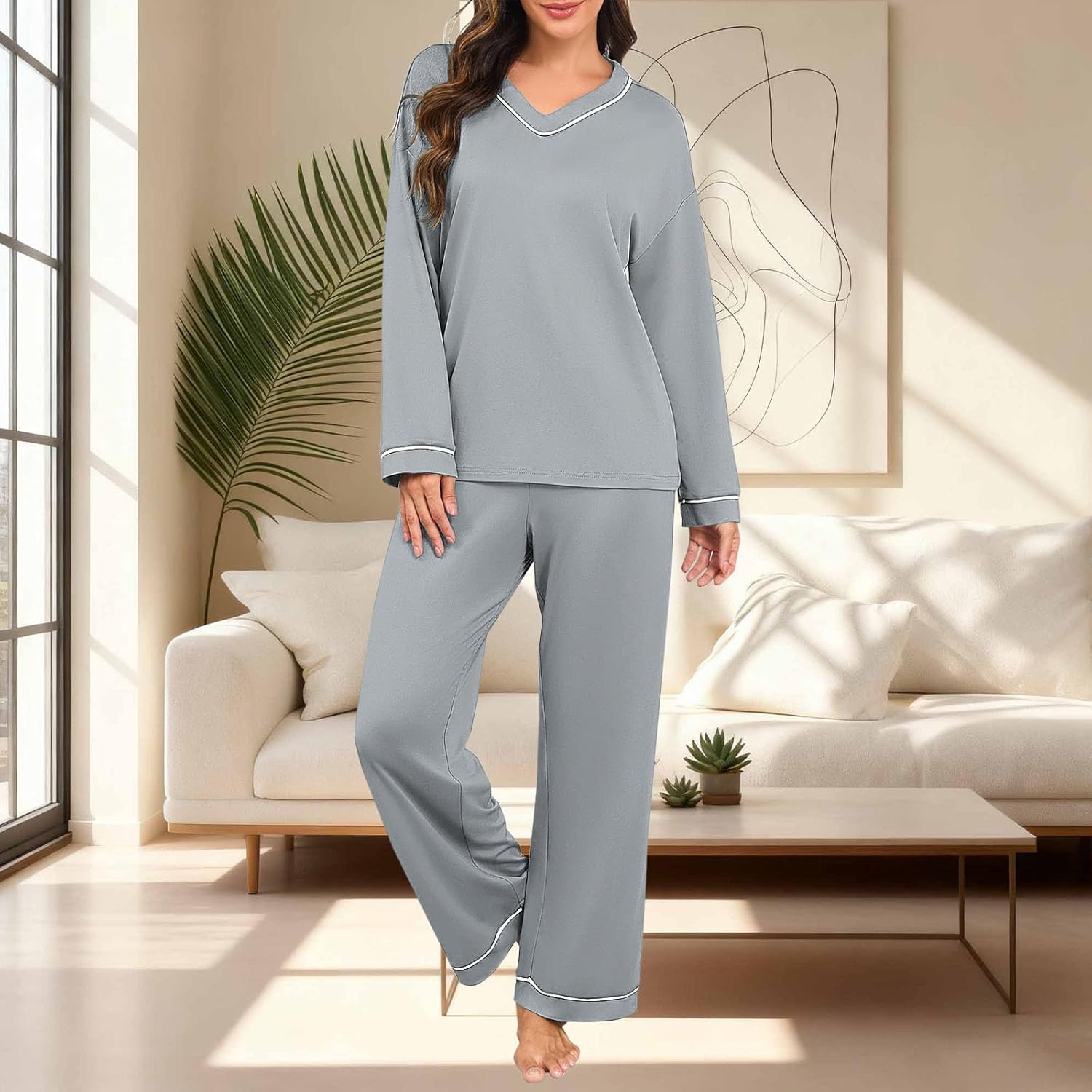 Oplxuo Women's Pajamas Set Long Sleeve Sleepwear V Neck Pjs Top with Pants 2 Piece Outfits Spring Comfy Pajama