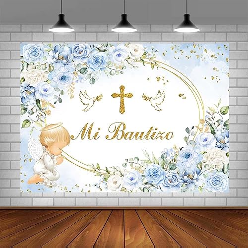 Miniatura 5 de AIBIIN Telón de fondo de 7 x 5 pies Mi Bautizo de bautismo mexicano, fondo azul para baby shower, para niños, Dios bendiga la primera comunión,