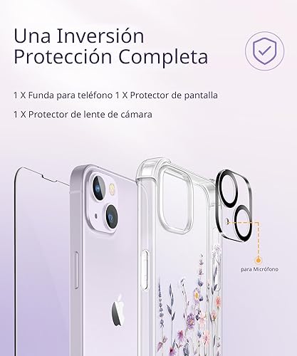 Miniatura 7 de GVIEWIN Funda para iPhone 14 floral, con protector de pantalla + protector de lente de cámara, no se pone amarillento Funda protectora transparente