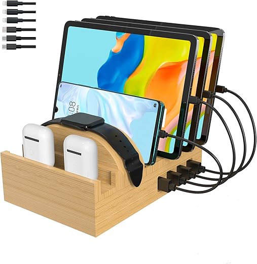 Bamboo Charging Station for Multiple Devices, Alltripal Wood Desktop Docking Station 7-Port Multi-Charger Organizer Fast USB Charger Compatible with iPhone, iPad, AirPods, iWatch, Cell Phone, Tablet