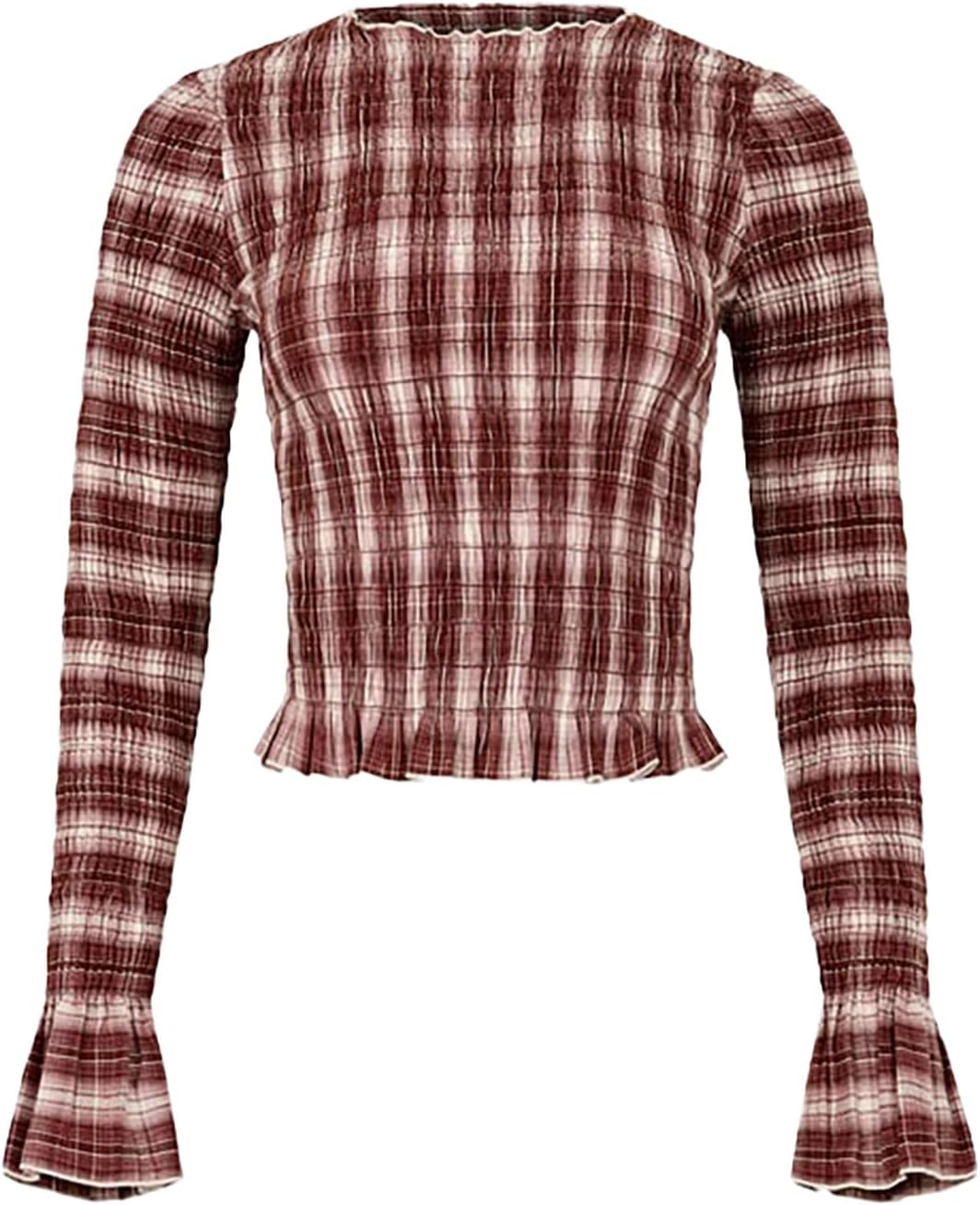 Womens Y2k Plaid Shirred Crop Tops Boat Neck Long Bell Sleeves Slim Fit Shirt Fall Ruffle Trim Tight Smocked Tees - Image 6