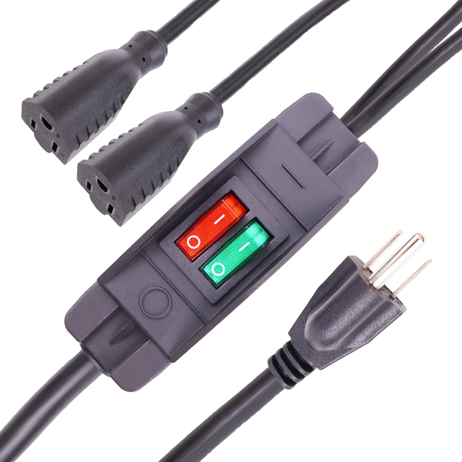 2 Way Extension Cord with On/Off Switch，3 Prong ，Indoor Use Y-Splitter Heavy Duty Extension Cord with ，SJTW 14AWG 15A/125V & 18AWG 10A/125V (1.5 Ft,