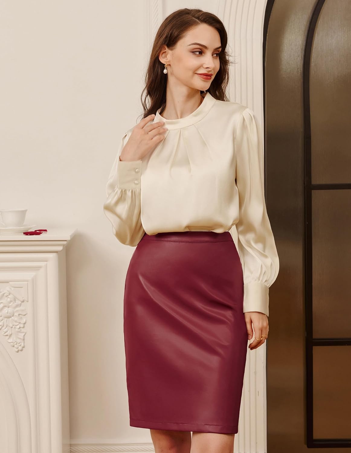 Belle Poque Leather Skirt for Women High Waist Knee Length Bodycon Pencil Skirts Faux Midi Casual Outfits - Image 3