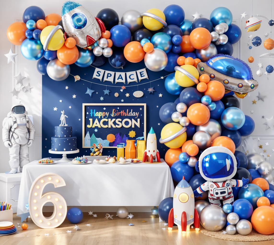 DIY Outer Space Balloon Garland Arch Kit 148pcs for Outspace Baby Shower Two the Moon Birthday UFO Astronaut Themed Planet Rocket Party Decoration (Blue Orange Silver 01)