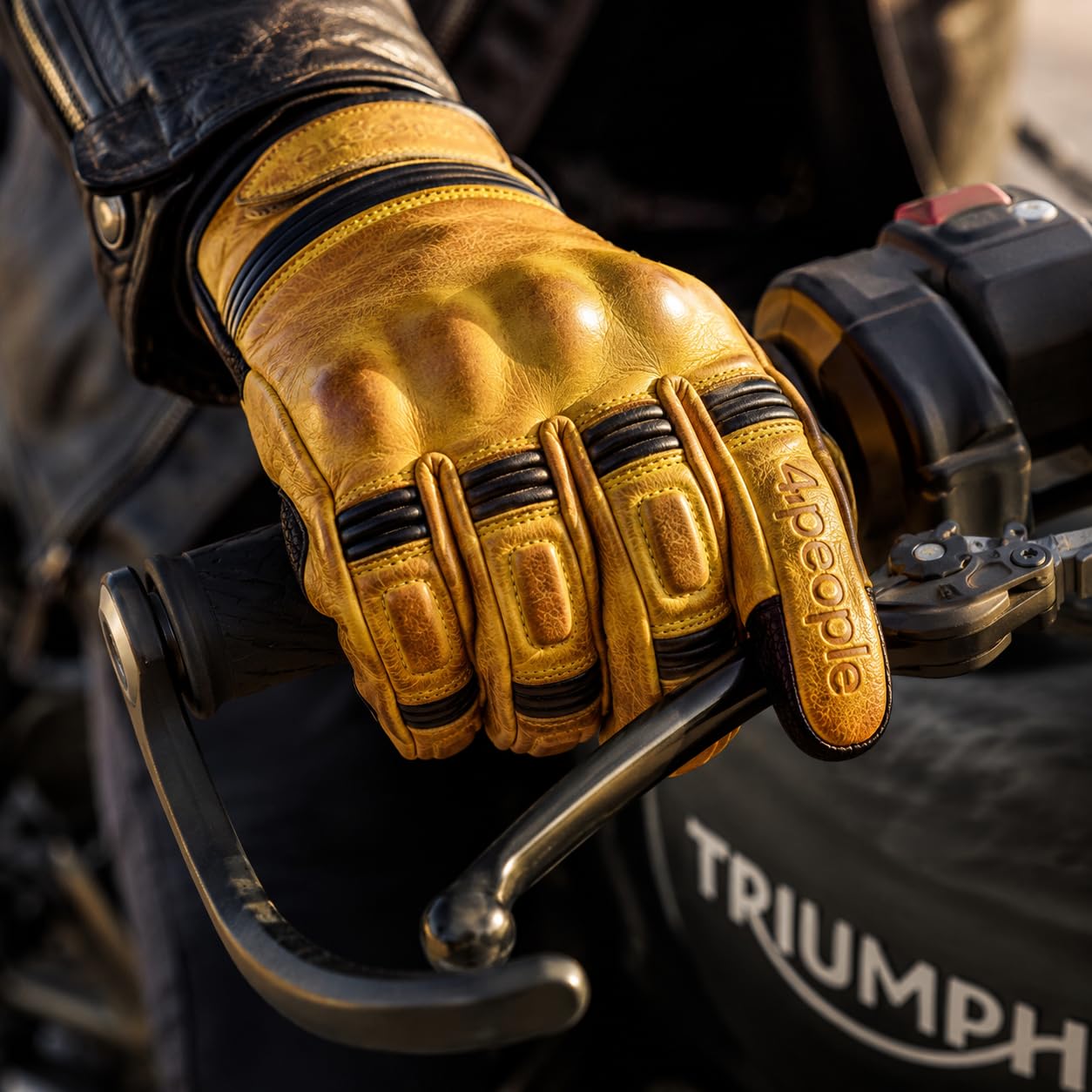 4people Desert Rider - Guanti da moto in pelle gialla vintage, da uomo, in vera pelle, protezione delle nocche, guanti da moto Cafe Racer, Custom, Touring