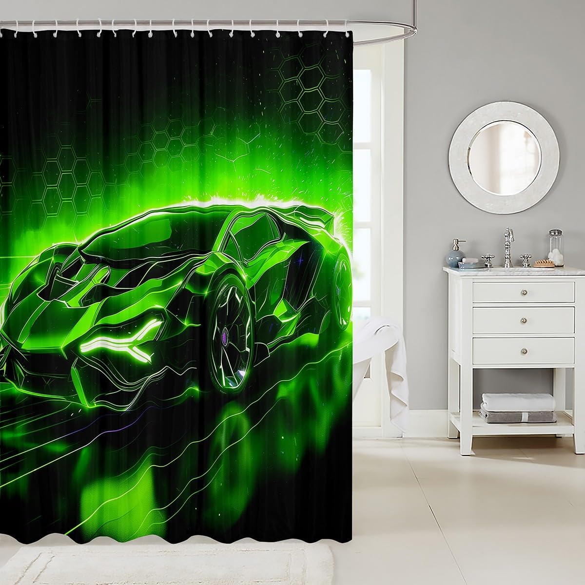 Feelyou Kids Boys Race Car Fabric Shower Curtain Green Sports Car Shower Curtain for Kids Teens Boys Extreme Sports Curtains Speed Luxury Car Bathroom Waterproof Accessories with 12 Hooks 72"x84"