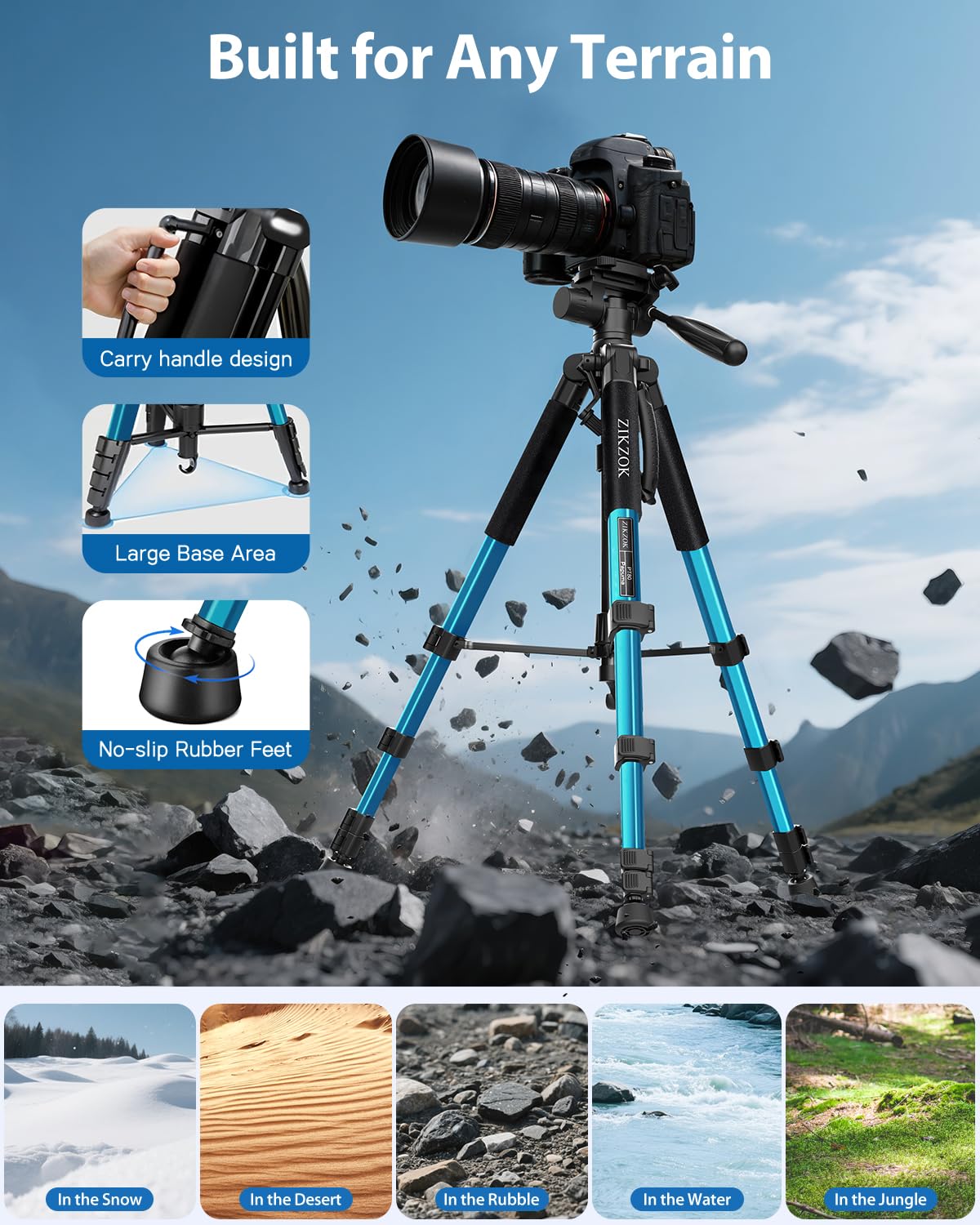 Treppiede da 190,5 cm, telecomando Bluetooth, carico max 6,8 kg, da viaggio, in alluminio per DSLR/telefono/tablet/proiettore, testa panoramica a 3 vie, piastra a sgancio rapido, pieghevole (blu)