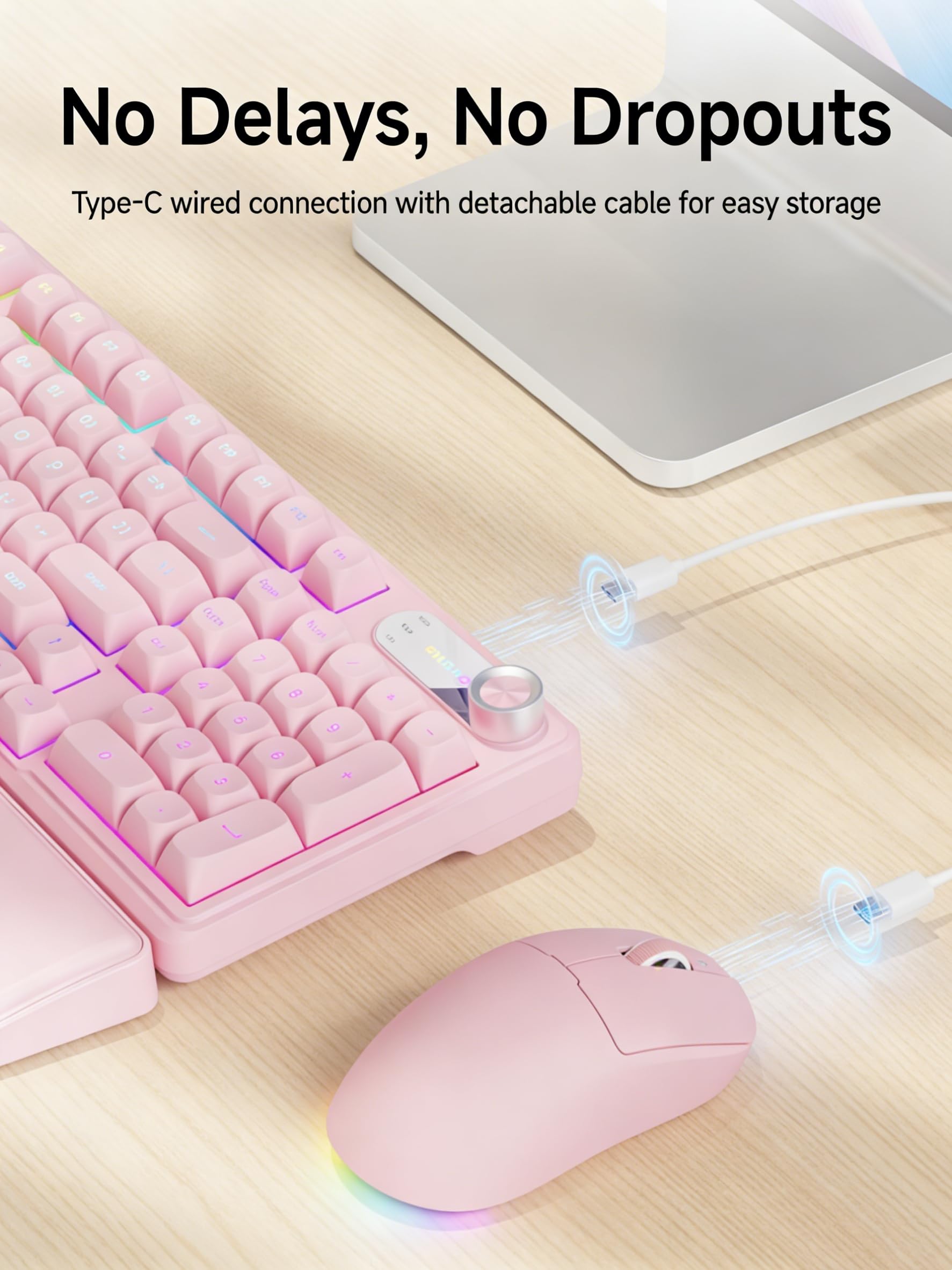 EWEADN C98 Przewodowa klawiatura i mysz, przewodowa, ergonomiczna klawiatura komputerowa z nadgarstkiem, podwójne nasadki klawiszy, ciche podświetlenie RGB, cicha klawiatura do Windows/MAC/PC, różowa