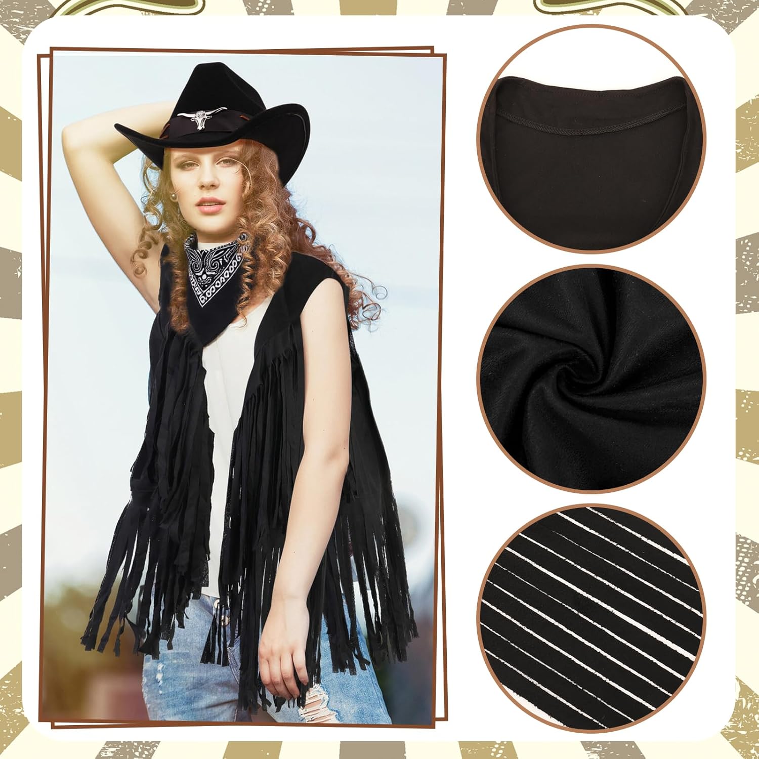 6Pcs Western Cowgirl Costume for Women Cowgirl Outfits Set Fringe Vest Cowboy Hat Glasses Earring Bandana Bracelet - Image 5