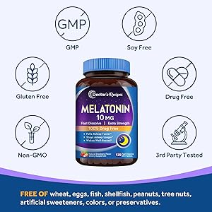 Doctors Recipes Melatonin 10 mg Fast Dissolve 120 Tablets, Natural Sleep Support, Promote Relaxation & Calmness, Non-GMO, Natural Strawberry Flavor, No Water Needed