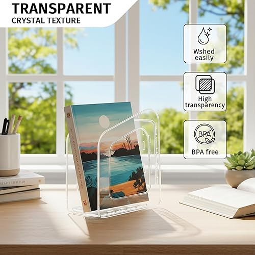 Miniatura 2 de Soporte para libros de acrílico transparente de 5 secciones con asa, estante desmontable para revisteros para armario de oficina y almacenamiento de