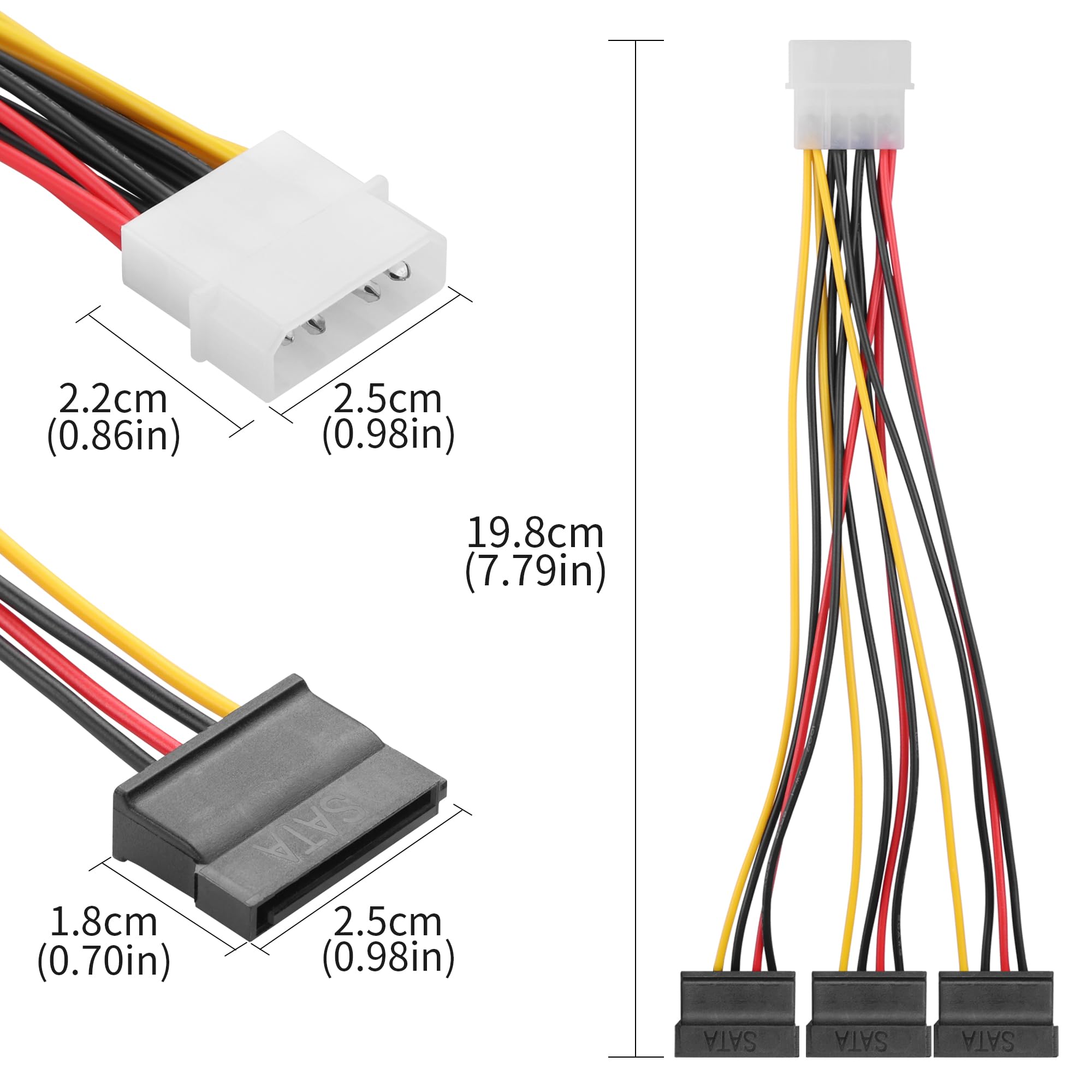 YAODHAOD 3 SZT. 4 Pin Molex (LP4) na 2X / 3X 15 Pin SATA Przewód zasilający Splitter Kabel Adapter - 15cm (4-pin Molex do 3 sata 15-pin, 3 SZT.)
