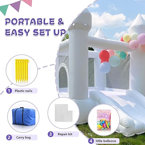 Miniatura 9 de White Bounce House - Castillo hinchable para interiores y exteriores para niños de 3 a 8 años, casa inflable Oxford con globo deslizante y soplador
