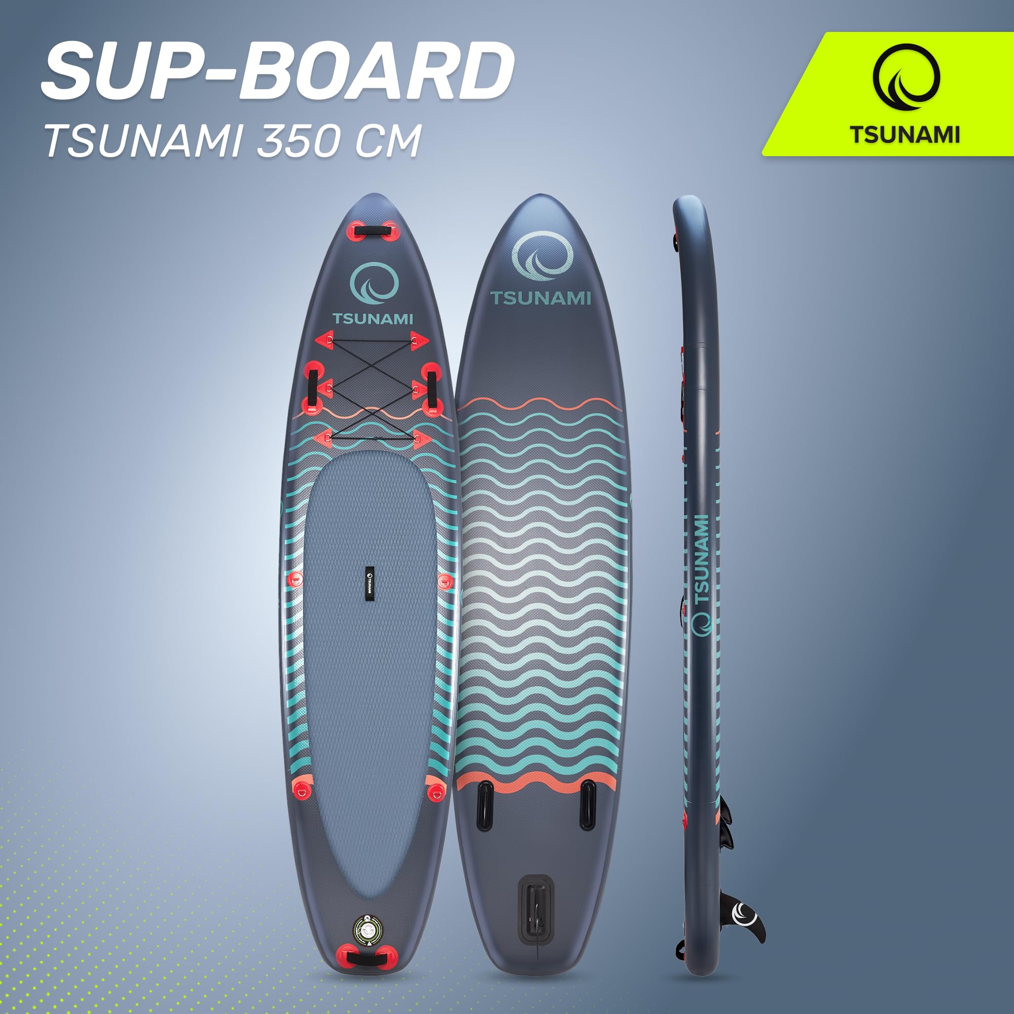 TSUNAMI Stand Up Paddling Board Model T, SUP-Board mit Komplettes Zubehör, Board-Tasche, Pumpe und Sicherheitsleine, Tragkraft bis 150kg, Länge 350 cm, für Erwachsene und Jugendliche Aller Niveaus