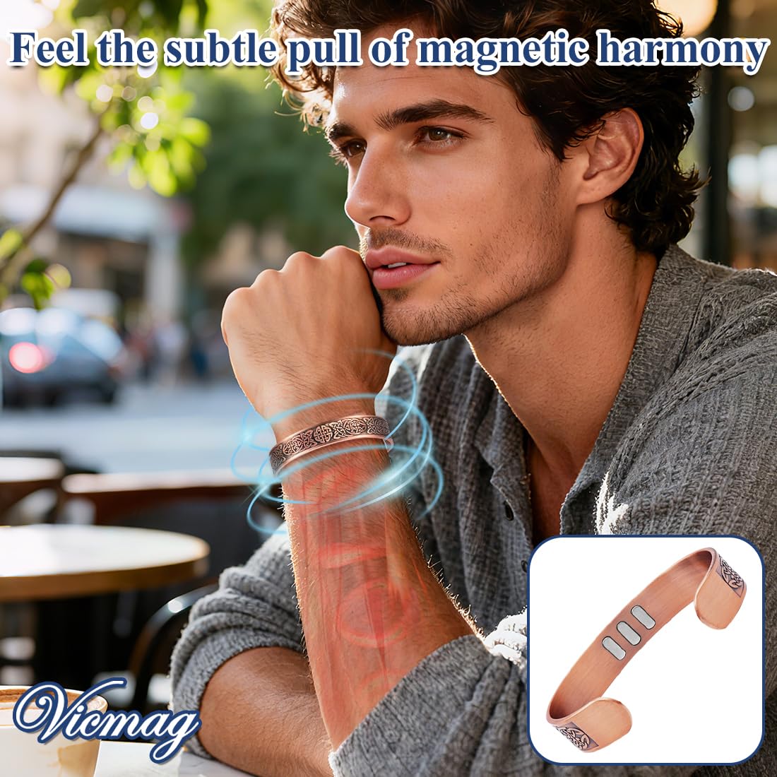 Vicmag Bracelet magnétique en cuivre pour homme, 9 aimants puissants (5000 gauss chacun), 99,99 % cuivre pur