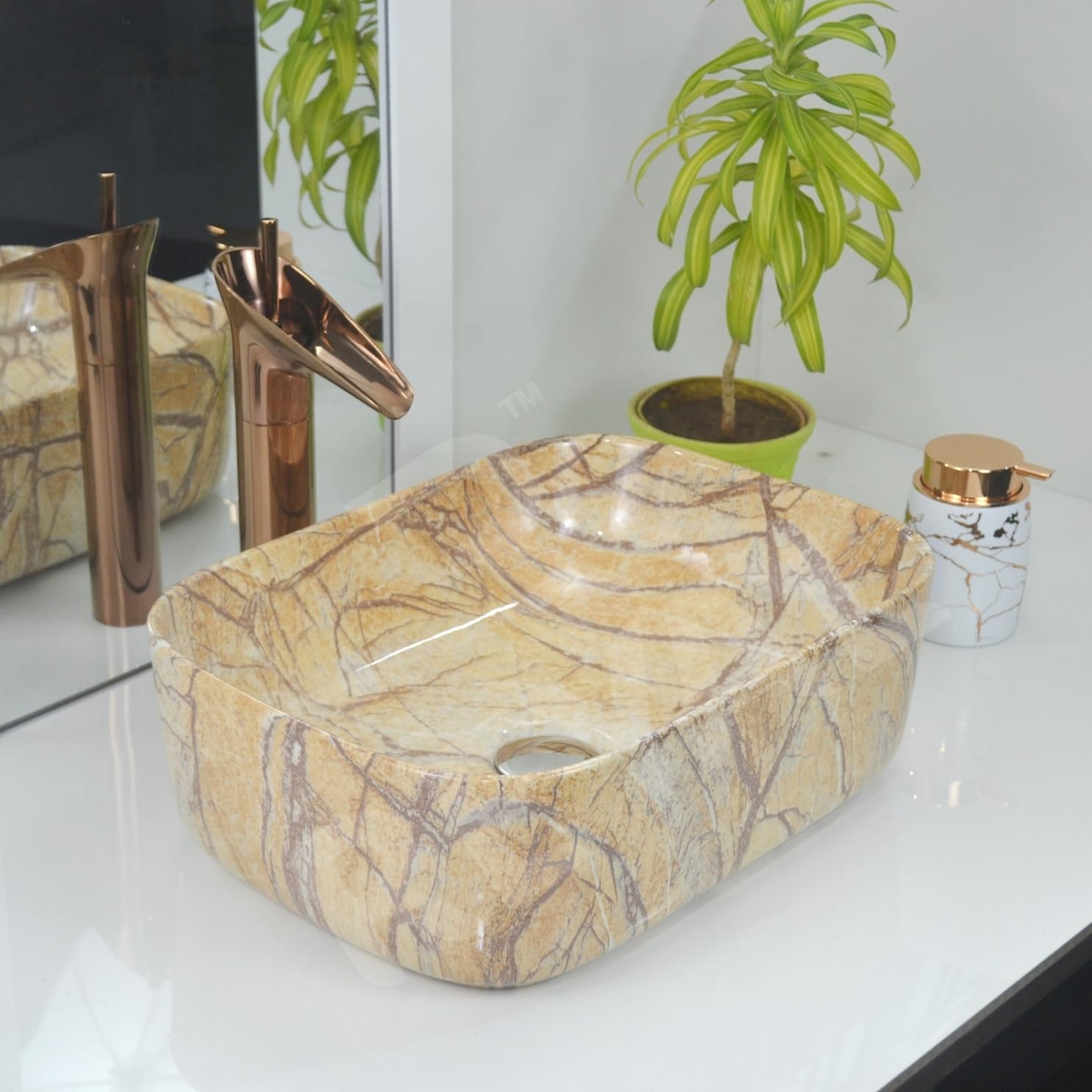 Reyal Marble Wash Basin - Ivory Gold Vessel Sink -14