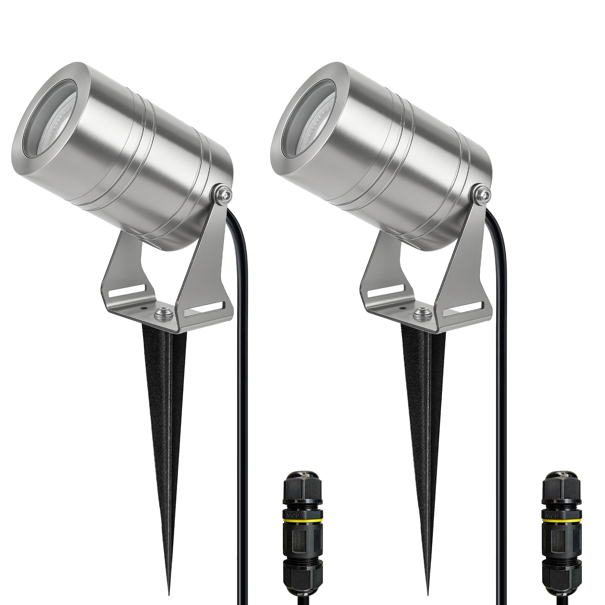 JNR Focos Jardin Exterior con Pincho, IP65 Impermeable, Plateado 2 Pack | Acero Inoxidable Foco Jardin Exterior Con Cable de 2 M, con GU10 LED 5W 3000K Bombilla, Lámpara para Césped, Paisajes