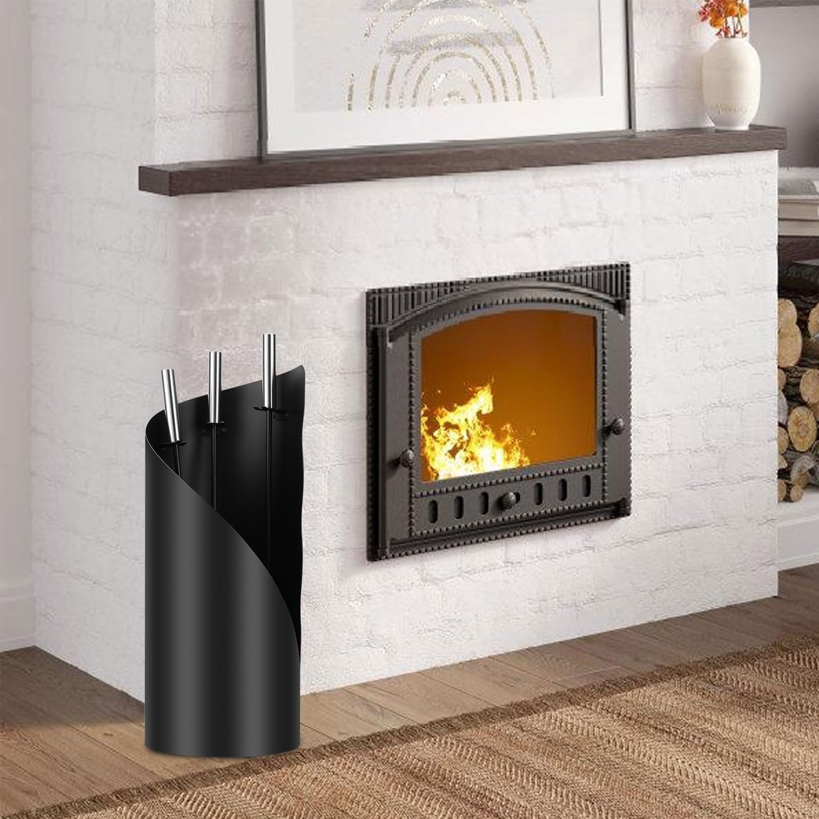 Juego de 4 herramientas para chimenea, pala de hierro forjado, cepillo y soporte para interiores y exteriores, hoguera, sala de estar