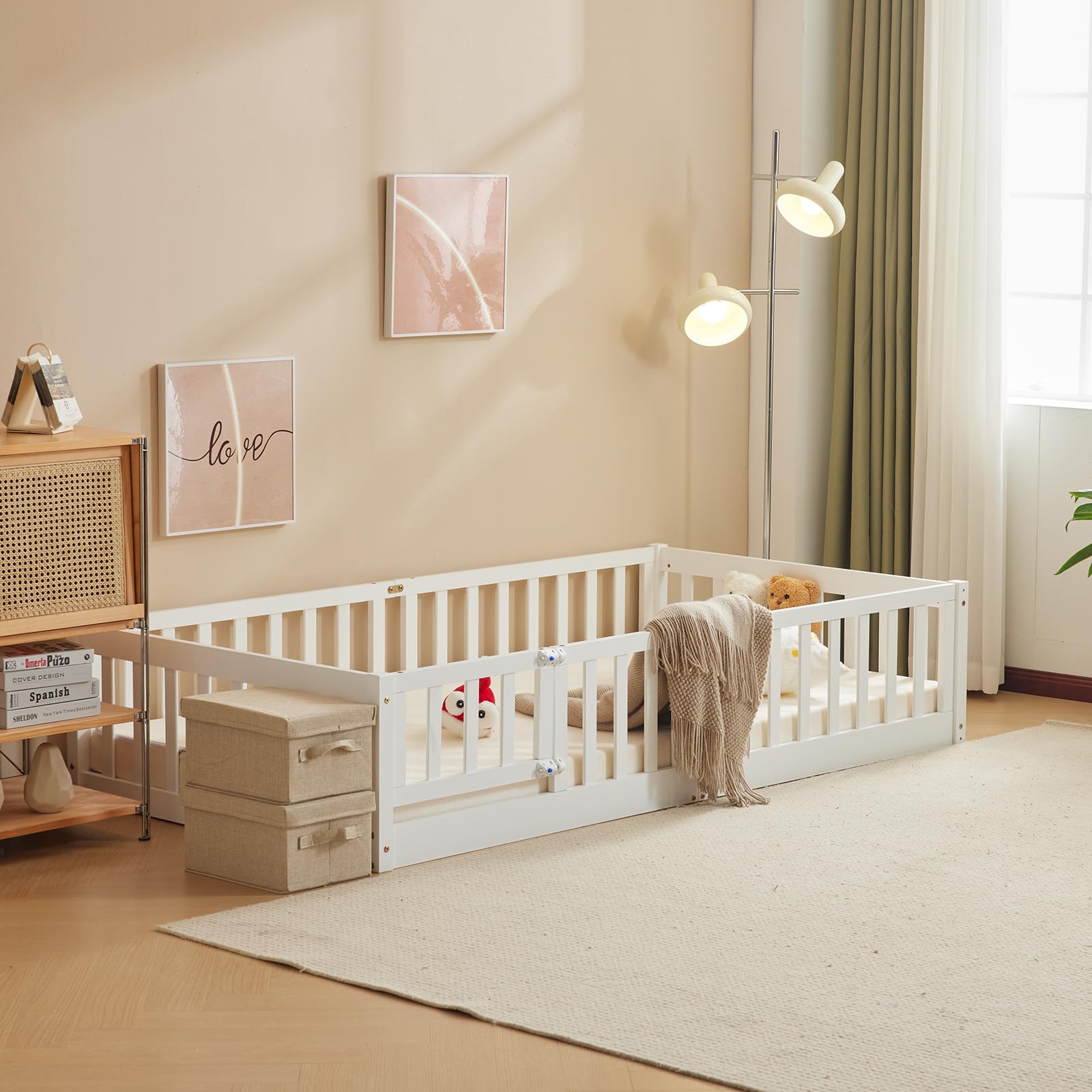 Bonnlo Cama Infantil con Puerta, Barrera anticaída, 90x200 cm Blanca, Cama casita de Madera Maciza con somier (Blanco, 90x200cm)