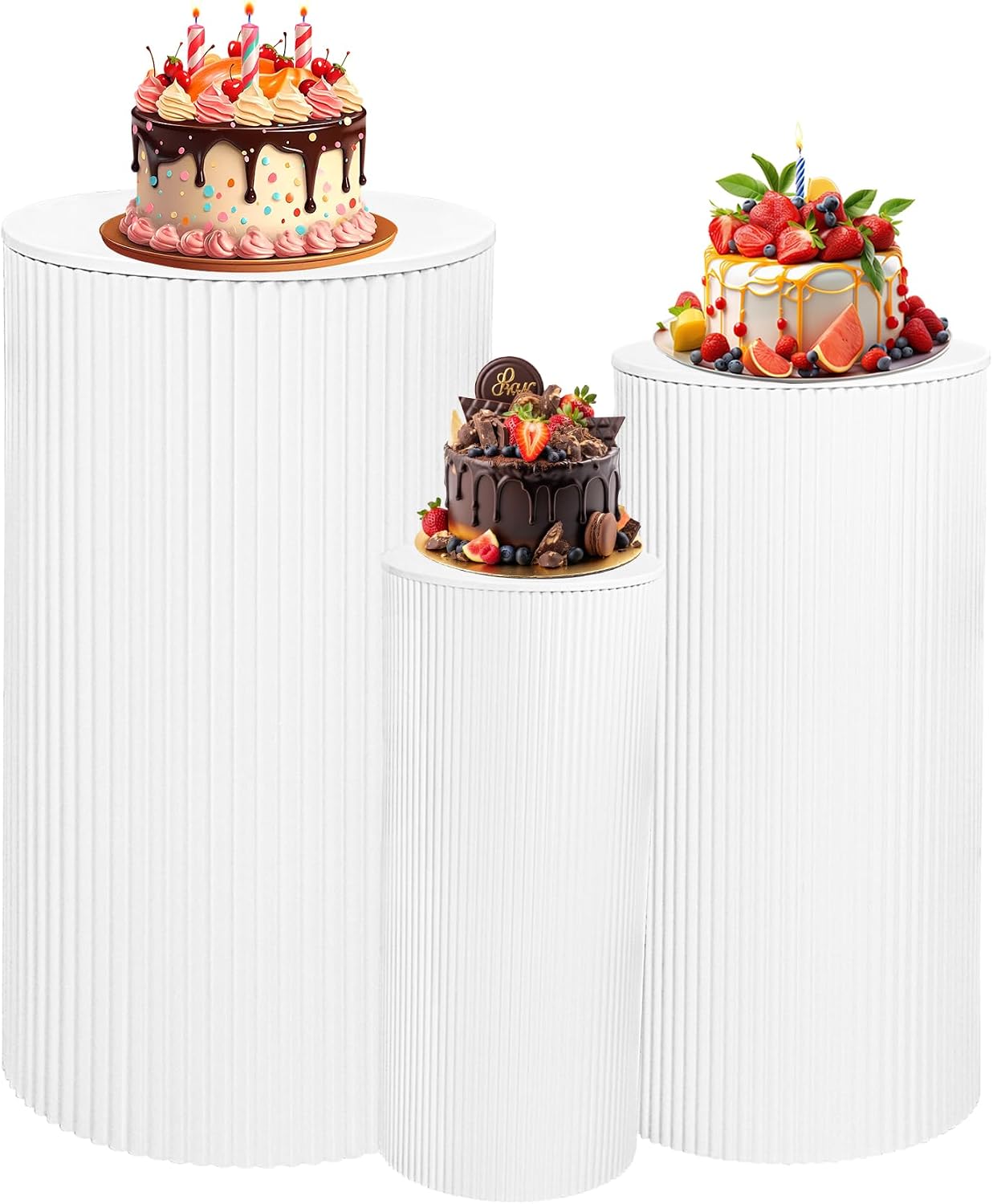 HAISIWLKJ 3PCS Round Pedestal Stands for Parties, Large White Metal Round Plinths Dessert Table Cube Display Pillars for Birthday Wedding Bridal Party Decorations