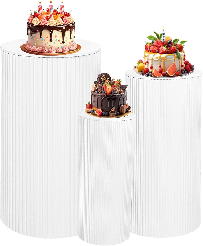 HAISIWLKJ 3PCS Round Pedestal Stands for Parties, Large White Metal Round Plinths Dessert Table Cube Display Pillars for Birthday Wedding Bridal Party Decorations