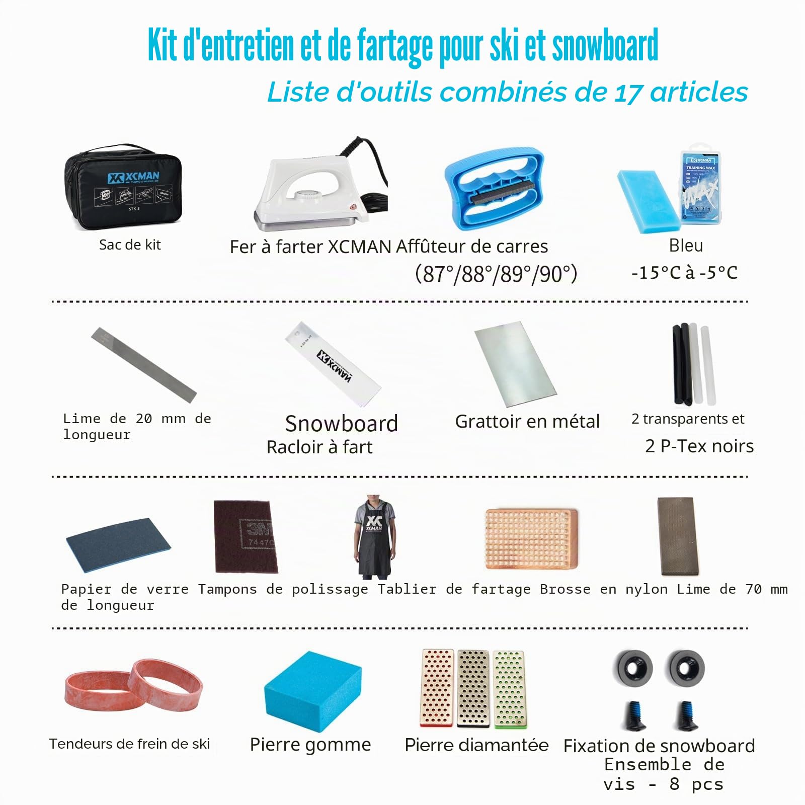 XCMAN Kit de ski et snowboard avec fer à repasser en cire, cire, tuner de bords, PTEX