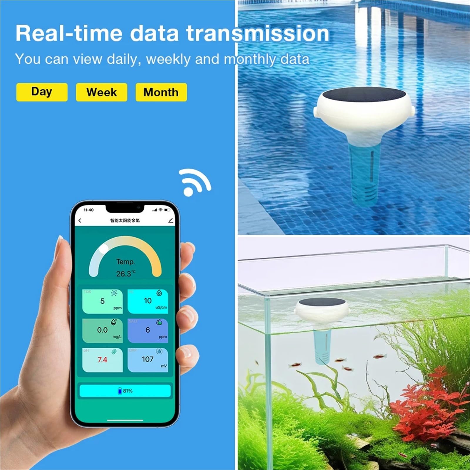 Misuratore di cloro intelligente 7 in 1 PH ORP Solidi totali disciolti Salinità Temperatura CL Test Meter acqua della piscina,Multifunzionale