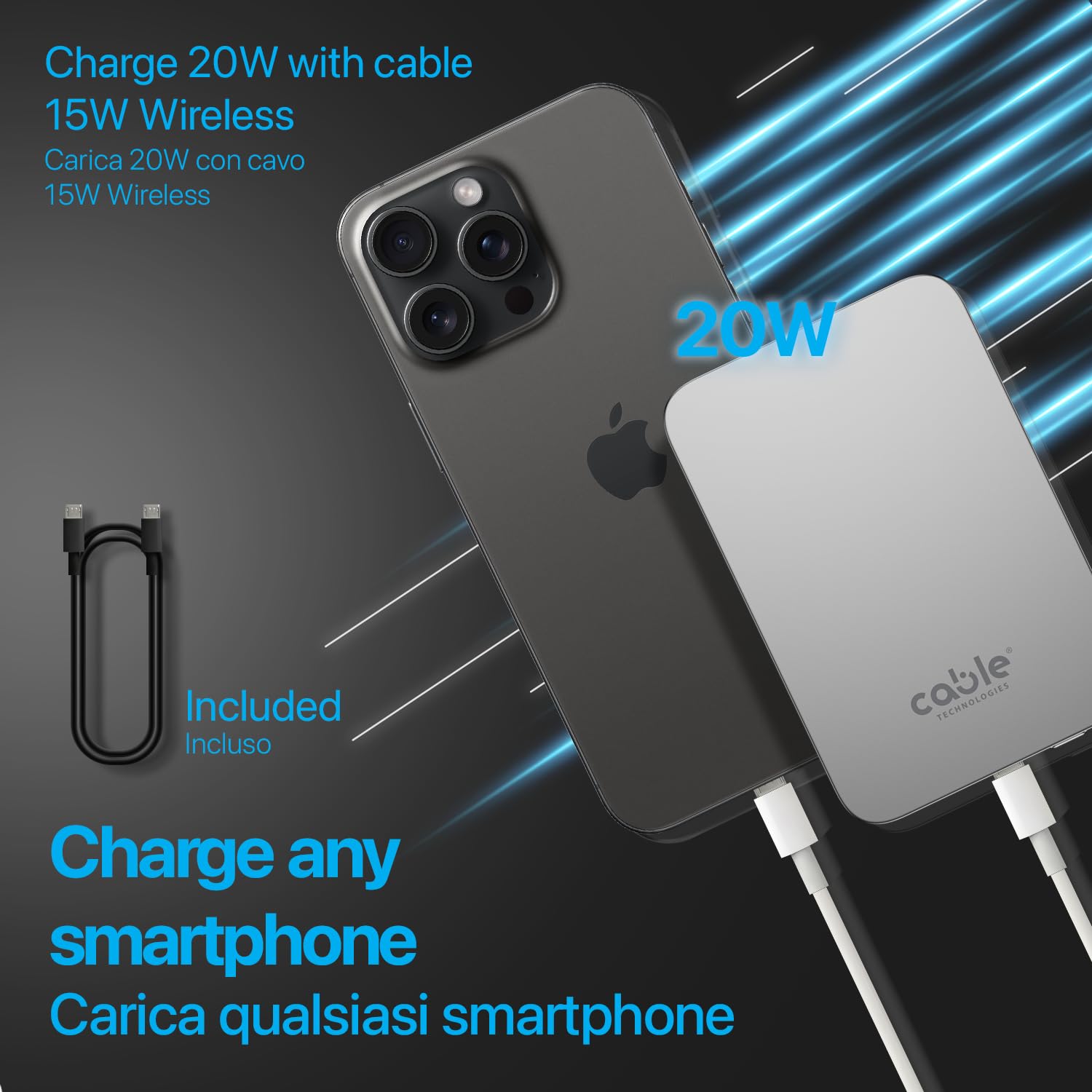 Cable Technologies MagSafe Powerbank 5000 mah bezprzewodowy magnetyczny USB-C PD20W Slim Quick Charge, Zewnętrzna bateria Power Bank, uniwersalna przenośna ładowarka do iPhone'a i innych smartfonów