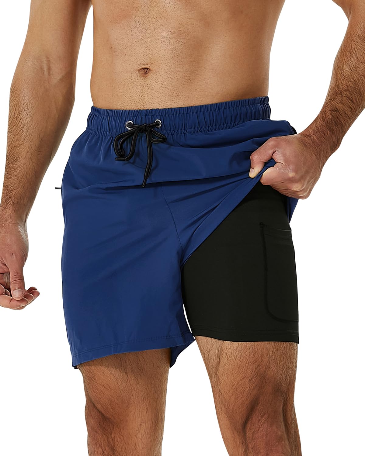 SILKWORLD Mens Swimming Trunks with Compression Liner and Zipper Pockets