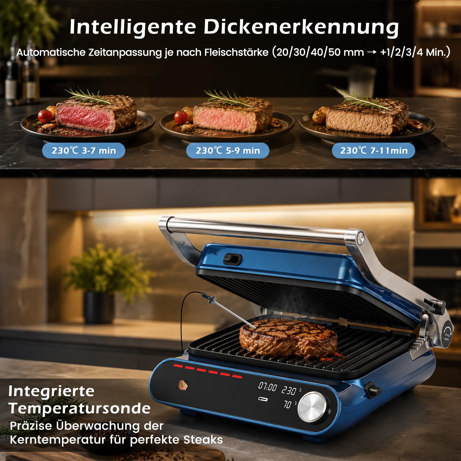 Taylor Swoden XXL Kontaktgrill 3-in-1 mit Intelligenter Dickenerkennung & Separater Temperaturregelung, 9 Programme, Abnehmbare Grillplatten Spülmaschinenfest, 180° Tischgrill für 6-8 Personen