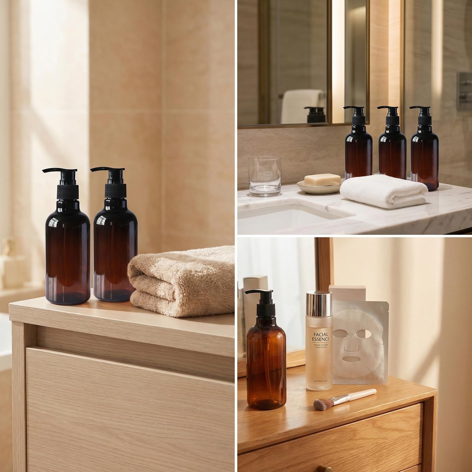 3 bottiglie ricaricabili in plastica PET marrone ambrata da 250 ml, con pompa nera, contenitori vuoti per cosmetici, shampoo, balsamo, gel doccia, lozioni, dispenser, Marrone, 250 ML