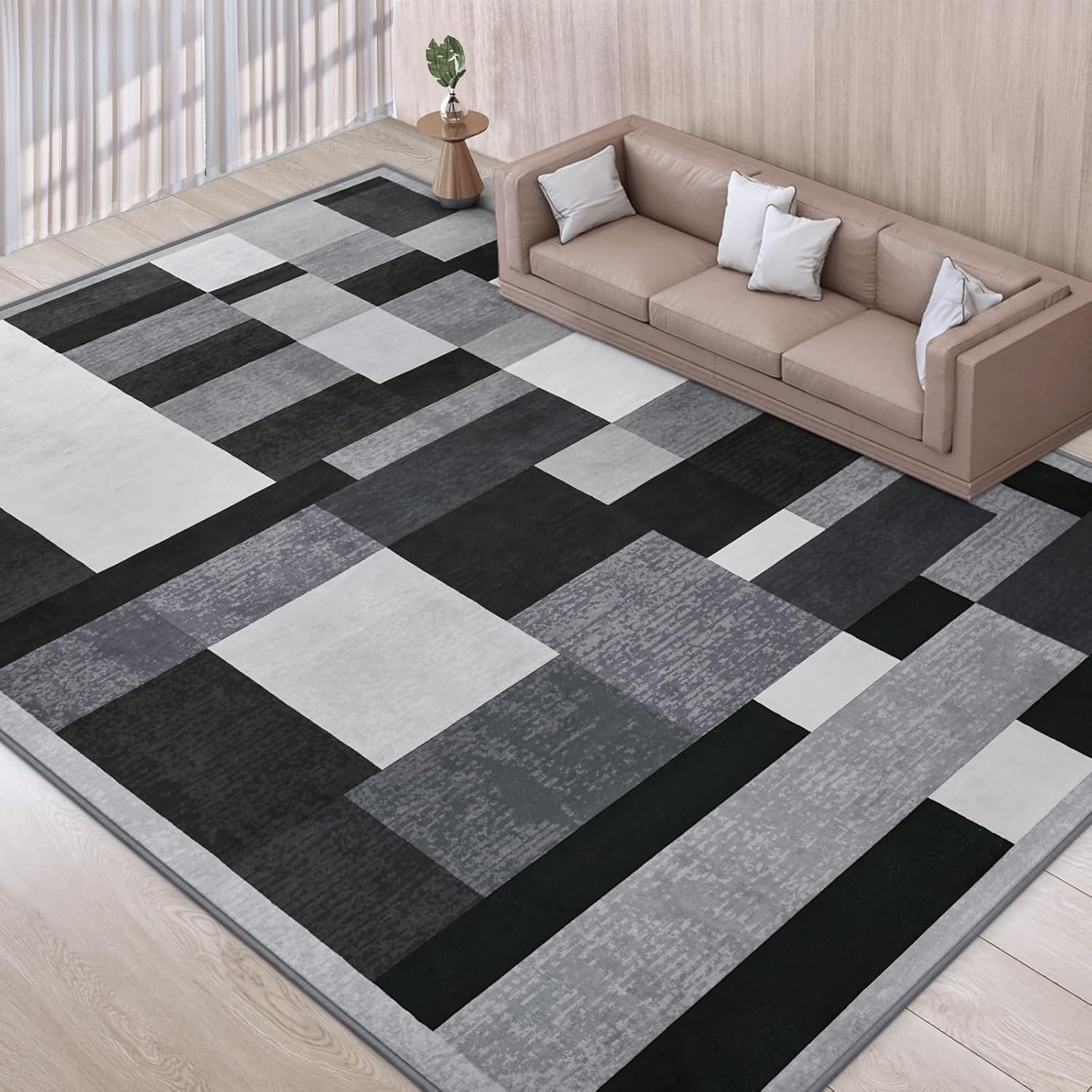 TWINNIS Indoor Modern Area Rug, 5x8 Geometric Patchwork Style Washable Large Rugs for Living Room Bedroom Hardwood Floors, Non Shedding Non Anti Backing Soft Carpet Home Floor Decor, Black