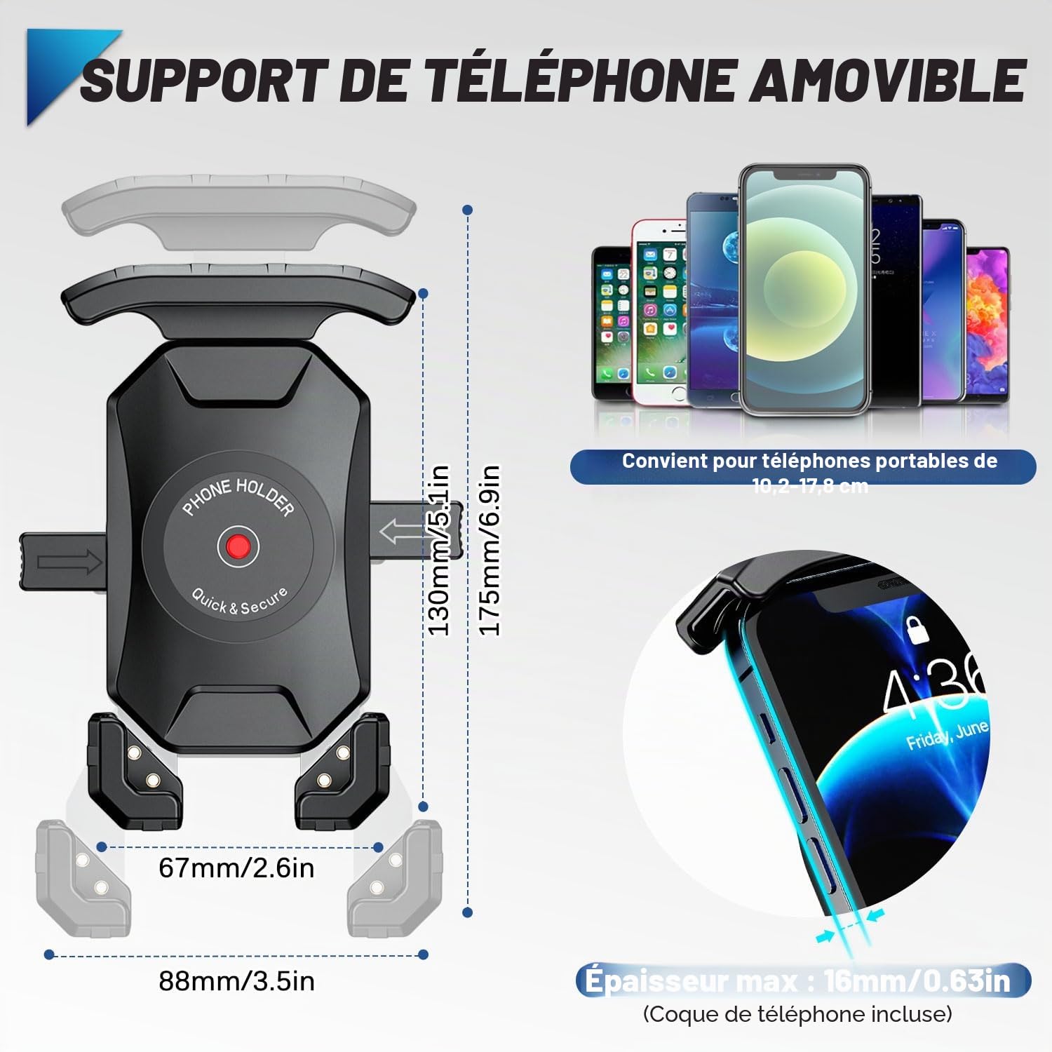 Support Téléphone Moto 360° Rotation Anti-Vibrations Support Smartphone Moto Anti-secousse Porte Telephone Scooter Antirouille Support Telephone Scooter Retroviseur pour 4-7'' Smartphone (Noir)
